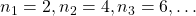 {n_1} = 2,{n_2} = 4,{n_3} = 6, \ldots