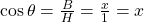 \cos \theta = \frac{B}{H} = \frac{x}{1} = x