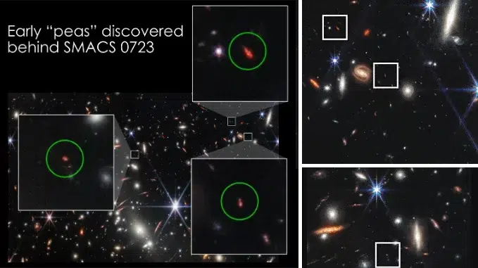 Discovering the Unseen, How NASA Webb Revealed Connections between Galaxies Near and Far, Early peas discovered behind the Galaxy Cluster SMACS 0723 by Webb